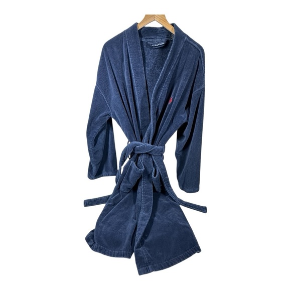 Polo Ralph Lauren Terry Cloth Robe Men's Small/Medium Belted Blue Logo Cotton - Picture 1 of 9